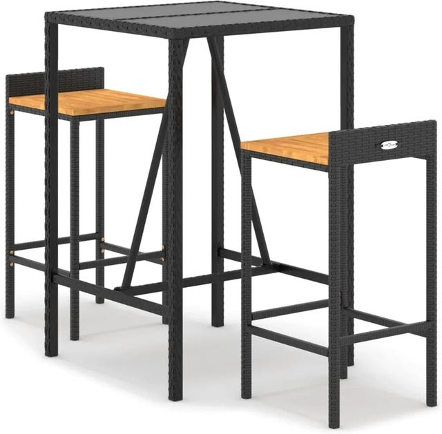 vidaXL 3-teiliges Gartenbar-Set in Schwarz aus Poly Rattan und Akazienholz mit Hartglas-Tischplatte - Bild 1