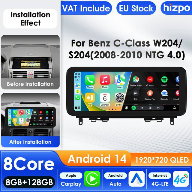 HIZPO Android Auto Radio mit 10,25 Zoll Display für Mercedes Benz C-Klasse W204 S204 (2008-2010) NTG 4,0, Multimedia Player mit Carplay, 4G, GPS und Bluetooth in Schwarz - Bild 1