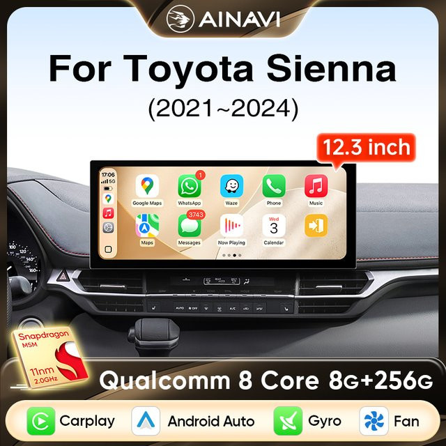 Ainavi Autoradio für Toyota Sienna 2021 2022 2023 XL40 mit 12,3 Zoll 2K-IPS-Bildschirm, kabelloses CarPlay, Android Auto, DSP und GPS in Schwarz - Bild 1