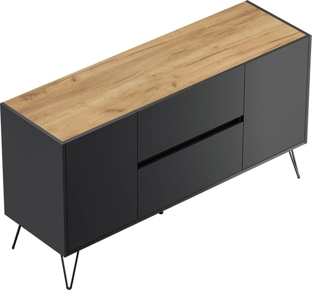 Posseik Sideboard Industrial in Grafit und Eiche mit 2 Schubladen und 2 Türen, Breite: 139 cm - Bild 1