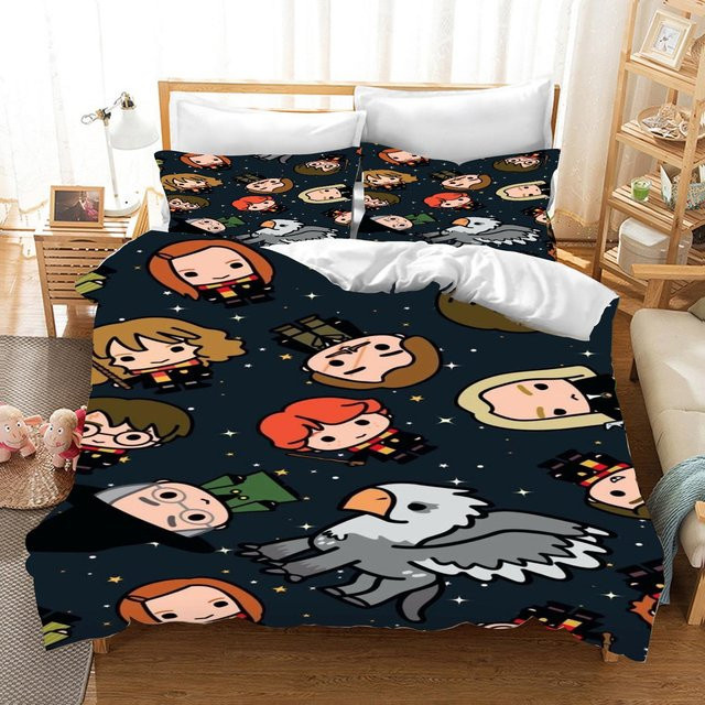 Somelli Harry Potter Bettwäsche-Set aus Polyester mit Cartoon-Print, Farbe Schwarz, B/H: 173 x 218 cm - Bild 1