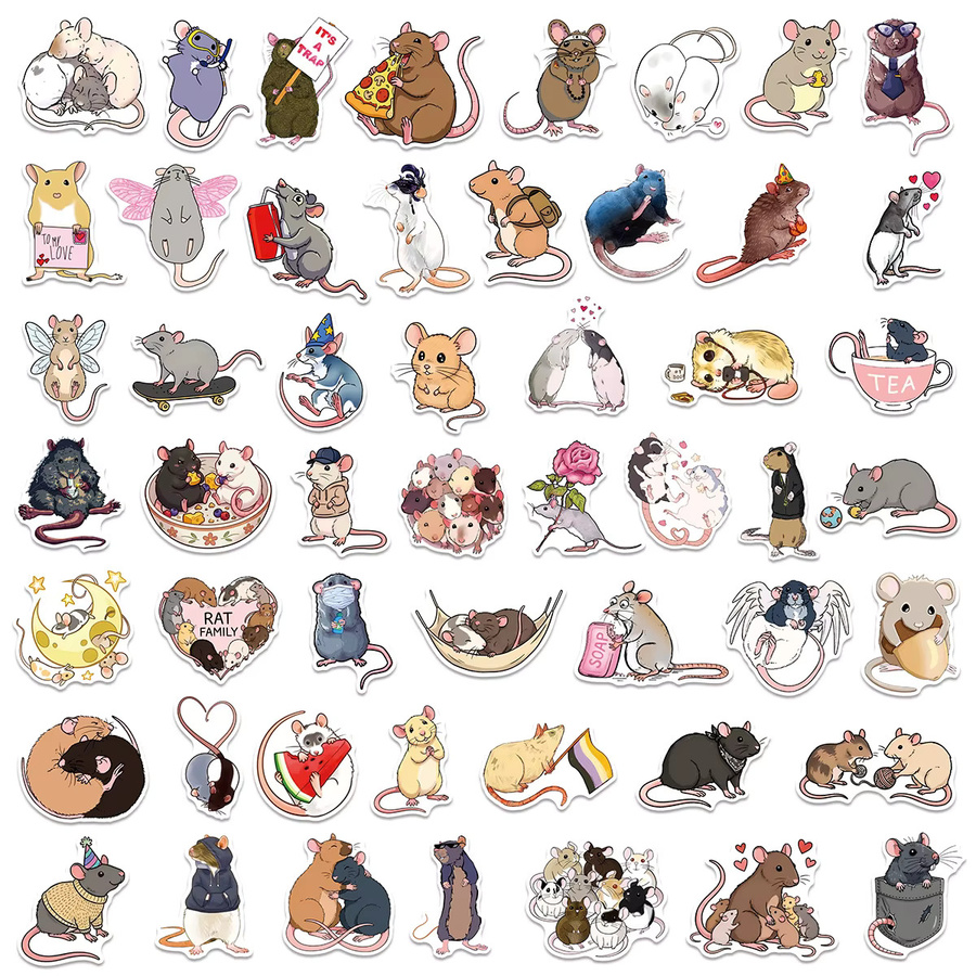 50 oder 100 Stück Cartoon Ratten Aufkleber in Mehrfarbig für Schule, DIY-Projekte und Dekoration von Notizbüchern oder Koffer, wasserfeste Papieraufkleber - Bild 2