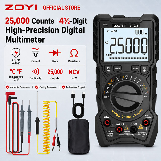 ZOYI ZT-225 True-RMS Digitalmultimeter mit 25000 Zählungen, 4½-stellig, automatischer Bereichswahl und Temperaturmessung, Schwarz - Bild 1