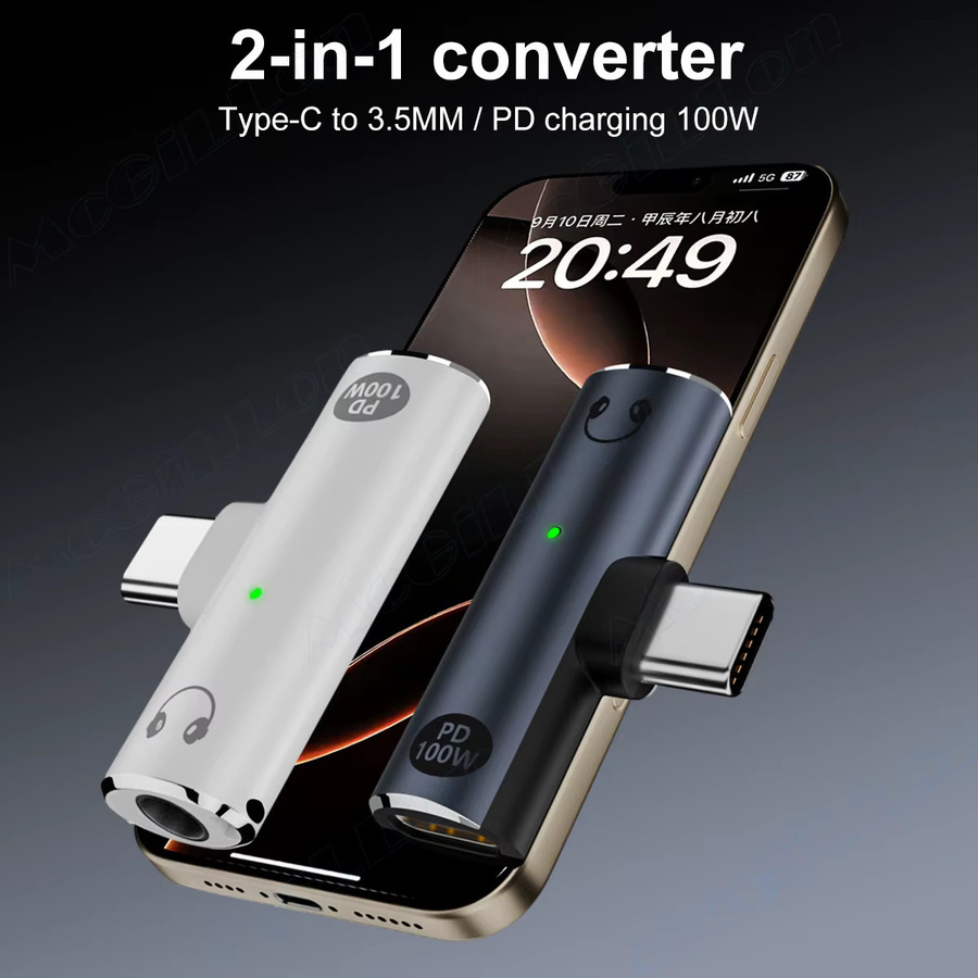 2-in-1 USB Typ C auf 3,5 mm Kopfhörer- und Ladegerät-Adapter mit PD 100 W Audio-Aux-Splitter in Weiß für Xiaomi Huawei iPhone - Bild 2