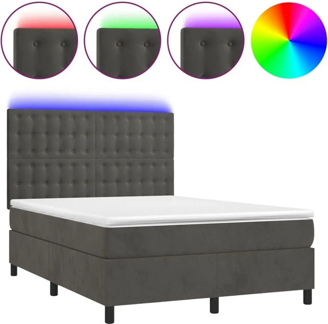 vidaXL Boxspringbett mit Matratze und LED-Unterbettbeleuchtung in Dunkelgrau, Hybridbett mit Taschenfederkern aus Samt, B/T: 140 x 190 cm - Bild 1
