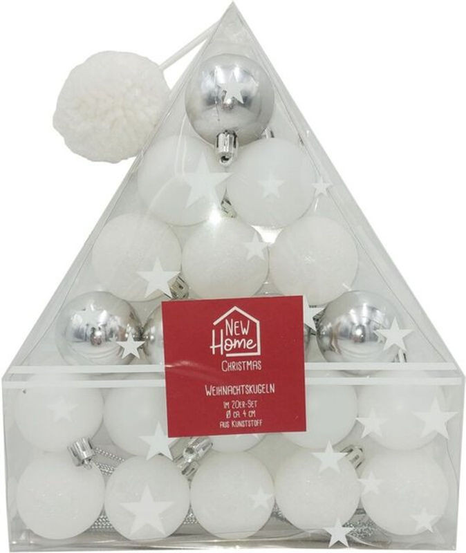 Buri Weihnachtsbaumkugeln 20er-Set in Silber und Weiß, moderner Christbaumschmuck aus Kunststoff mit Durchmesser: 4 cm - Bild 1