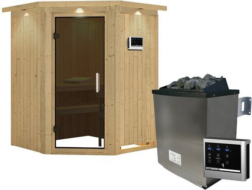 Karibu Sauna Tartu aus Fichtenholz mit 9 kW Saunaofen und externer Steuerung für 3 Personen, Farbe: beige, B/T/H: 202 x 165 x 165 cm - Bild 1