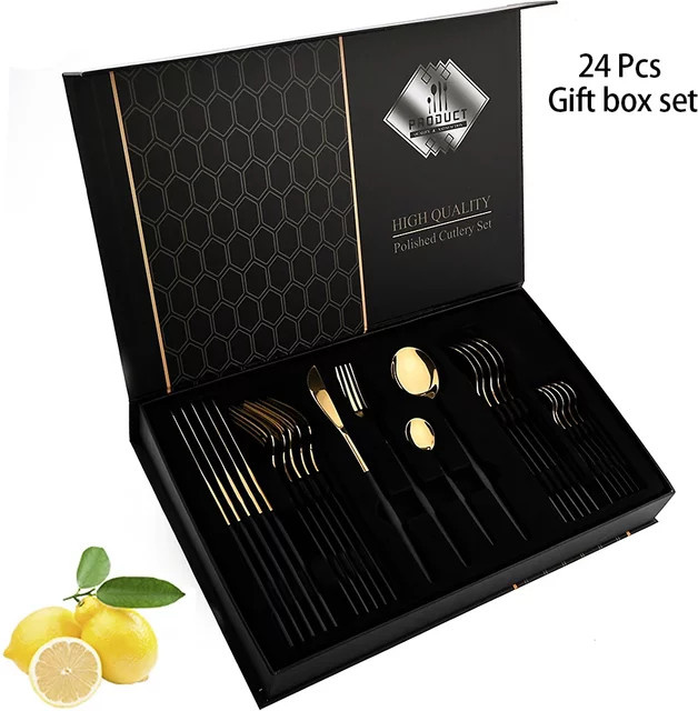 AJOYOUS 24-teiliges Besteckset aus Edelstahl mit Geschenkbox in Silber und Gold, bestehend aus Löffeln, Gabeln und Messern - Bild 1