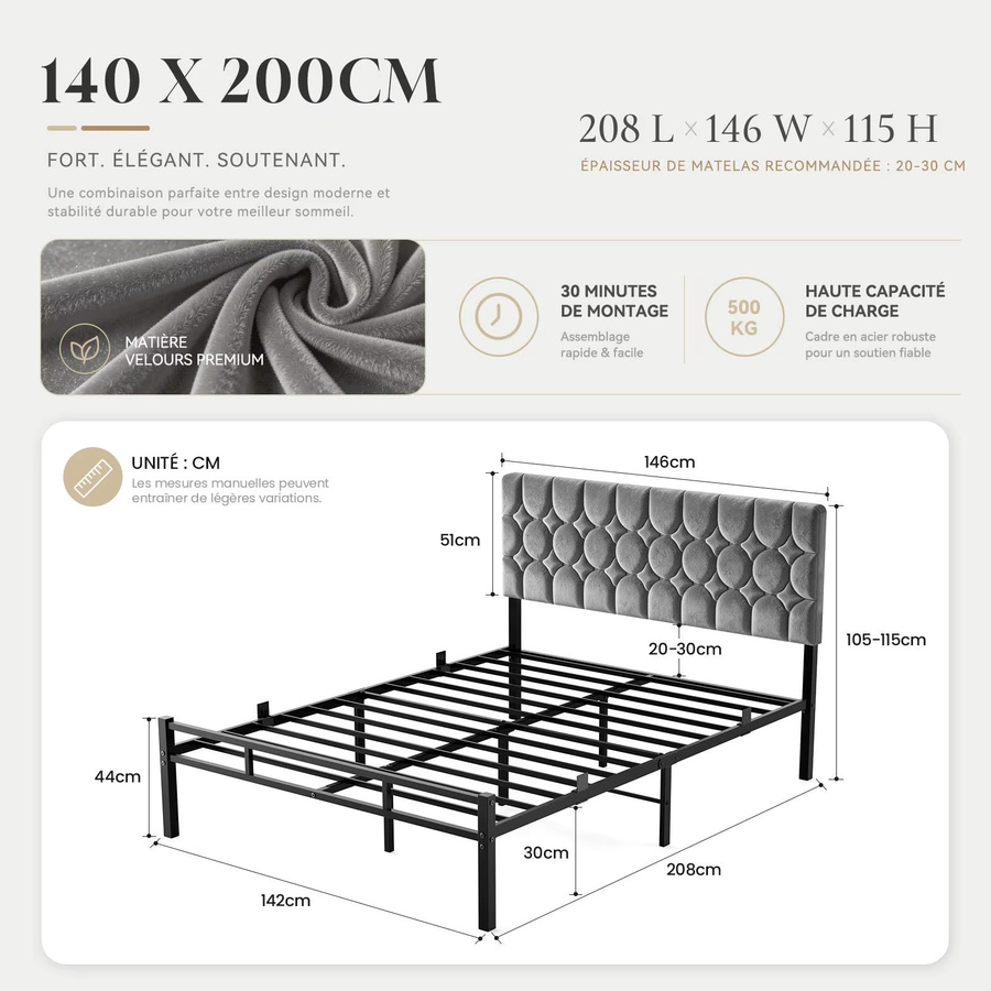 KUTAS Doppelbett mit Metallgestell und Lattenrost in Grau, B/T: 140 x 200 cm - Bild 4