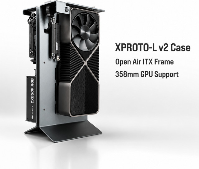 XTIA XPROTO-L v2 Open Air Mini ITX Gehäuse aus Aluminium in Schwarz mit Butterfly-Rahmen und Unterstützung für SFX sowie ATX Netzteile und bis zu 358mm GPU - Bild 1