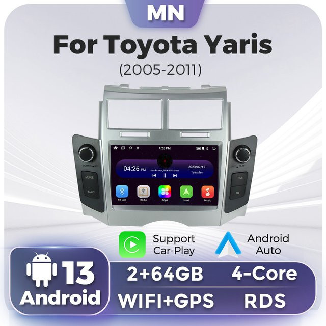 NAVIFANS Android 13 Autoradio mit CarPlay und GPS für Toyota Yaris XP90 Vitz Platz 2005-2012, 2GB RAM, 64GB Speicher, Schwarz - Bild 1