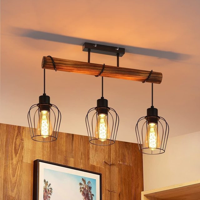 Cliheet 3-flammige Deckenleuchte im Retro-Stil aus Holz und Metall, Schwarz, Industrielles Design mit E27 Fassung für Wohnzimmer und Küche - Bild 1