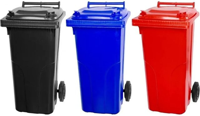 PROREGAL SuperSparSet 3er Pack Mülltonnen mit 2 Rädern aus HDPE-Kunststoff, 120 Liter, Farben: Grau, Schwarz, Blau und Rot - Bild 1