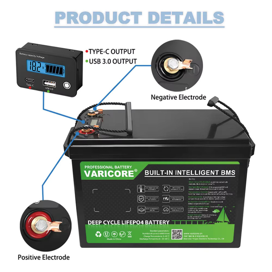 Varicore 12V 200Ah LiFePO4 Akku-Pack Deep Cycle Lithium-Eisenphosphat-Batterie mit BMS in Schwarz für Wohnmobile, Solaranlagen und Boote - Bild 4