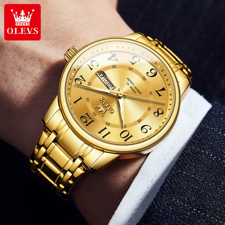 Olevs Armbanduhr Quarz, Edelstahl, Gold, Herren, Dual Kalender Display - Bild 3