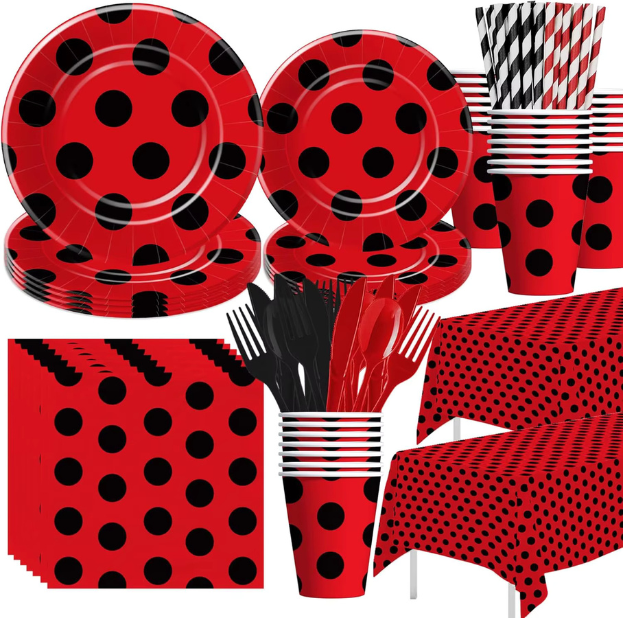 EsenTroye Party-Set Marienkäfer-Thema mit Polka-Dot-Muster in Rot und Schwarz für Kindergeburtstage und Babypartys - Bild 2