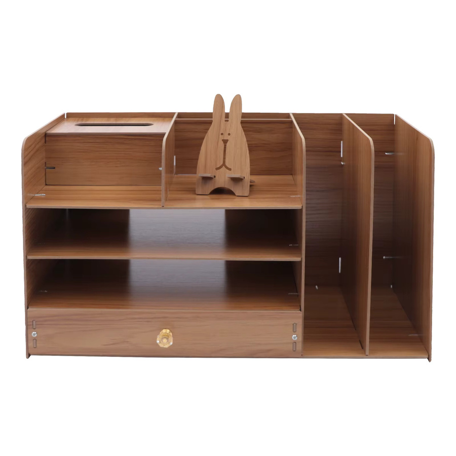 Bymaocar Desktop-Organizer aus Holz in Braun, 4-lagiges Aufbewahrungsregal für A4-Dateien und Schreibwaren mit Telefonständer und Taschentuchbox, B/T/H: 48 x 23 x 28 cm - Bild 3