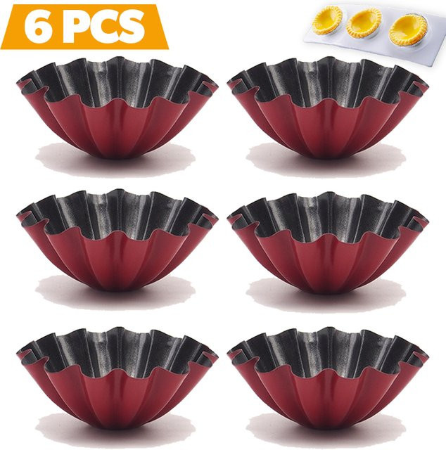 Venlohome 6er Set Mini-Tartelette-Formen aus Carbonstahl in Rot, Antihaftbeschichtete Backformen mit geriffeltem Design für Quiche, Flan und Muffins - Bild 1