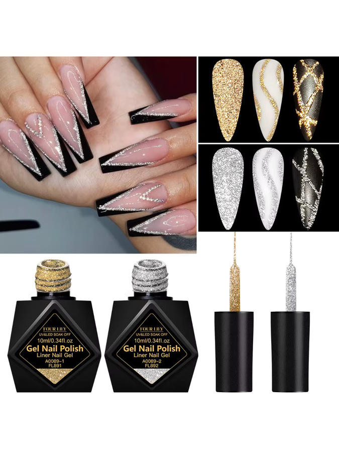 Four Lily Glitter Liner Gel Nagellack Set, Gold Silber, 2 x 10 ml - Bild 7