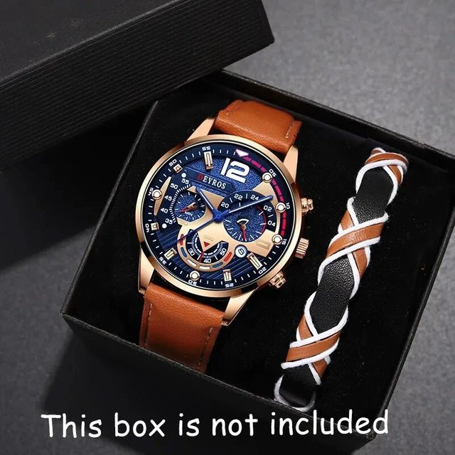 DEYROS Armbanduhr, Quarz, Leder, Blau, Gold, Herren - Bild 1