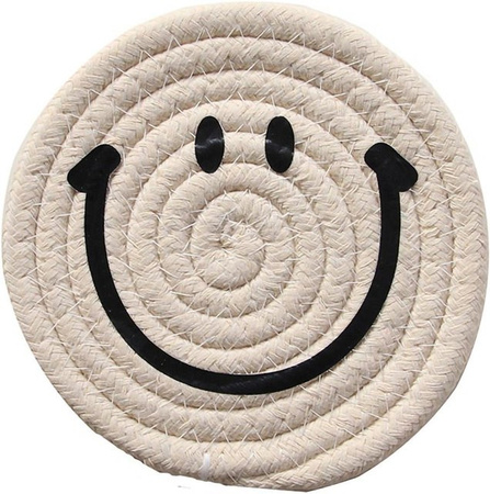 CosyHome Expression Tischset rund aus gewebtem Baumwollseil mit Lächeln-Motiv in Gelb und Beige, Durchmesser: 18 cm