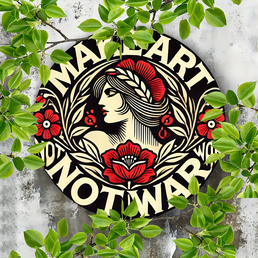 Potdemiel Vintage Wanddekoration Make Art Not War Peace Rose Girl Metallschild, Durchmesser: 20 cm, Mehrfarbig - Bild 3