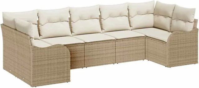 vidaXL Garten-Sofa-Set 7-teilig aus Poly Rattan in Beige-Weiß mit Kissen und L-Form - Bild 1