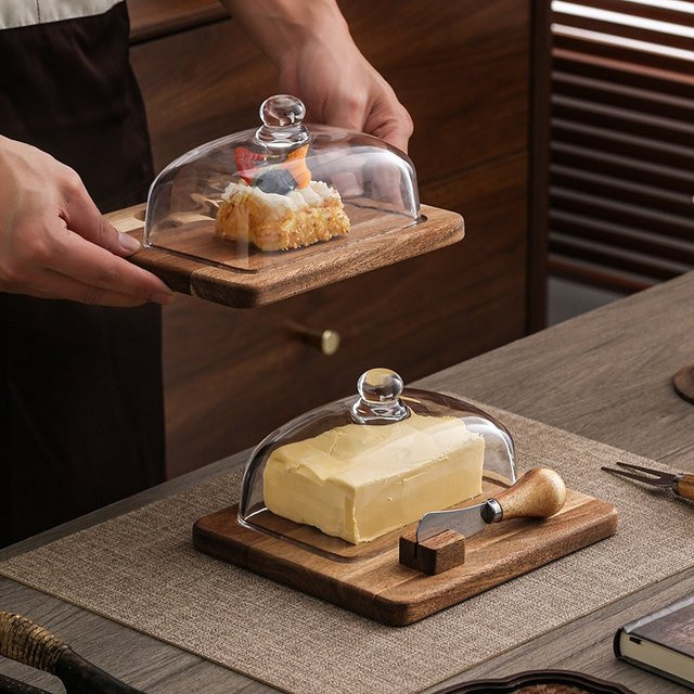 Servierset aus Akazienholz mit Glasdeckel und Messer in Braun für Butter, Käse oder Dessert - Bild 1