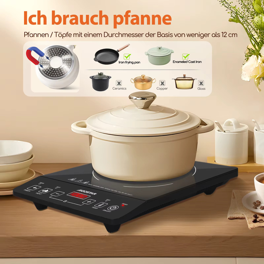 Aigostar Induktionskochfeld in Schwarz mit 2000 W, Touch-Steuerung, 10 Leistungsstufen, 10 Temperatureinstellungen, LED-Digitalanzeige und 3-Stunden-Timer - Bild 3