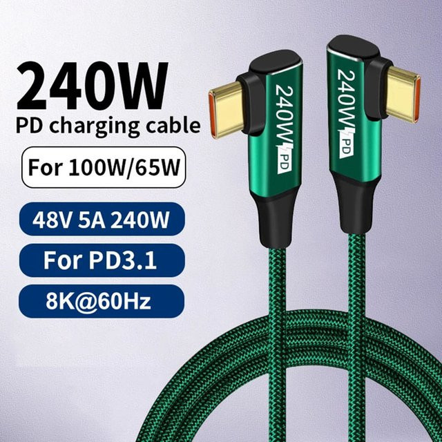 240W USB-C-Ladekabel mit 90-Grad-Winkel für schnelles Laden und Datentransfer, PD Typ-C Datenkabel in Schwarz und Grün - Bild 1