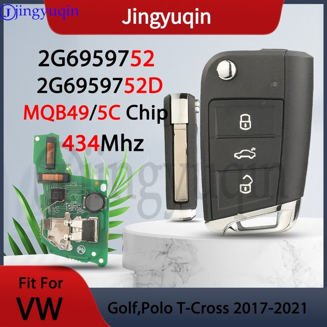Jingyuqin Original Fernbedienung Autoschlüssel für VW Volkswagen POLO 2017-21, MQB49/5C 434MHz Chip 2G6959752/2G6959752D mit HU162t Klinge, Schwarz - Bild 1
