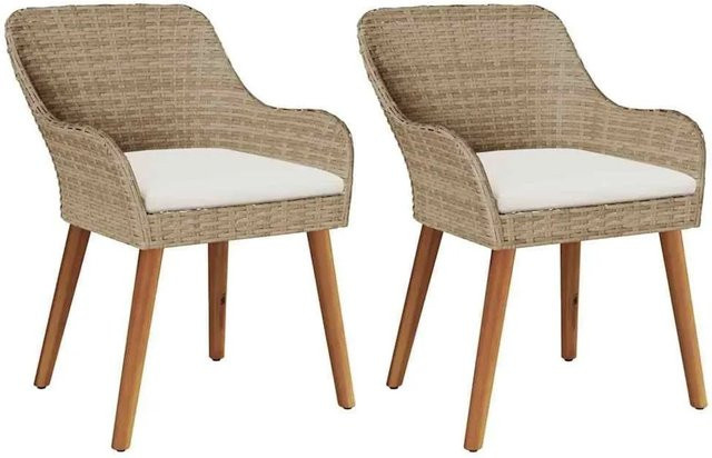 DELUKE Gartenstuhl EGOS 2er Set aus Poly-Rattan und Akazienholz in Beige mit Polstern, B/T/H: 62,5 x 55 x 82 cm - Bild 1