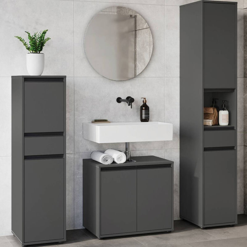 Germania Badezimmer-Set 9931-547 in Anthrazit mit Waschbeckenunterschrank, Midischrank, Hochschrank und Spiegel, B/H/T: 156 x 190 x 34 cm - Bild 2