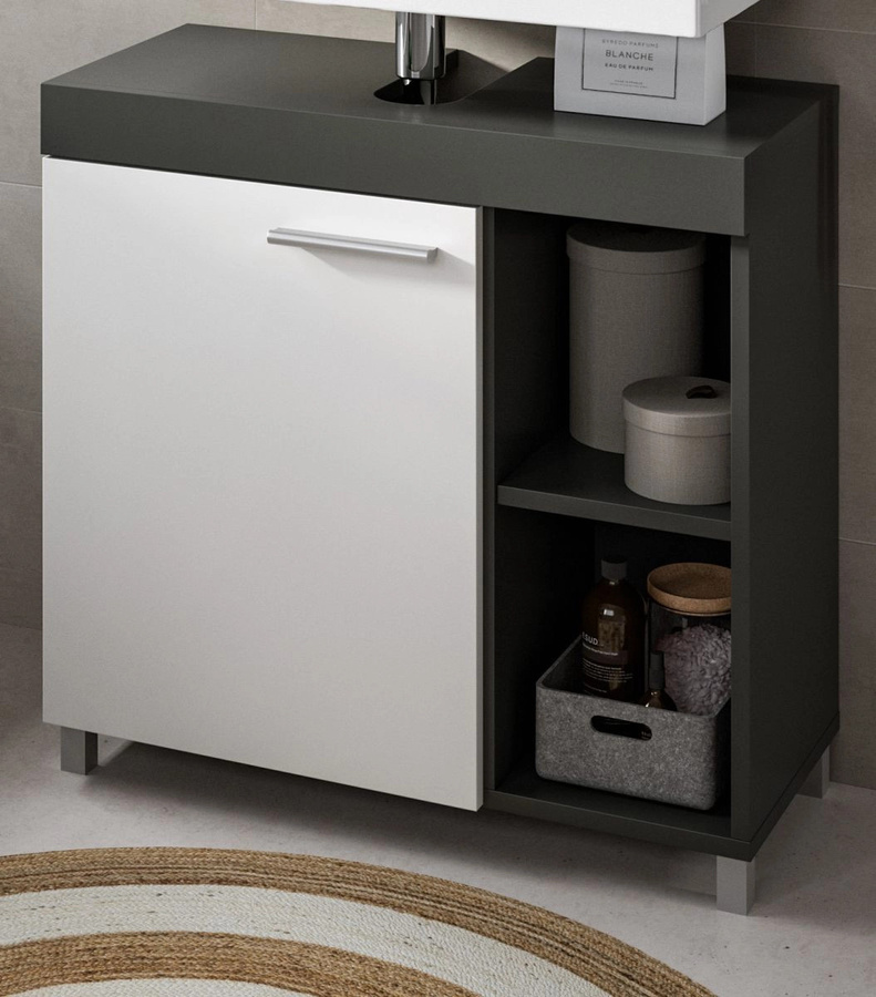 Waschbeckenunterschrank Adam modern in Grau und Weiß mit Regalfach und Türen, Breite: 65 cm - Bild 4