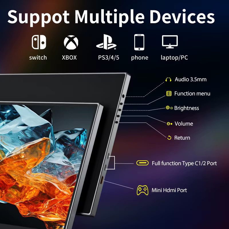 HGFRTEE Tragbarer 14,1 Zoll Monitor Full HD Zweitbildschirm für Laptop mit USB-C und Ständer, Schwarz - Bild 2