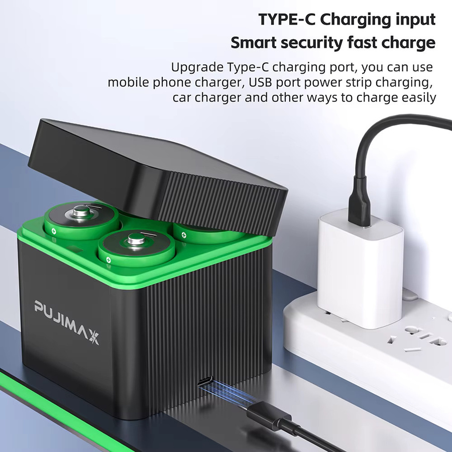 PUJIMAX Wiederaufladbare D-Größe Batterien LR20 mit 4-Slot-Ladegerät, 1,5V Li-Ionen Akku-Set, 10000mWh, Farbe: Grün - Bild 4