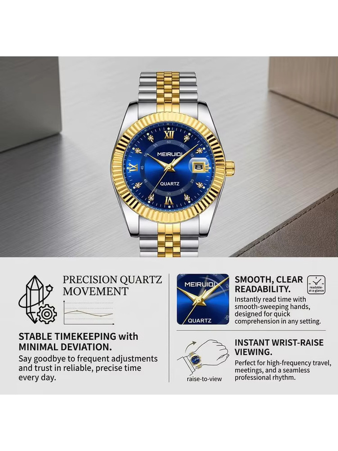 MEIRUIQI Armbanduhr, Quarz, Edelstahl, Bicolor, blaues Zifferblatt, Herren - Bild 7
