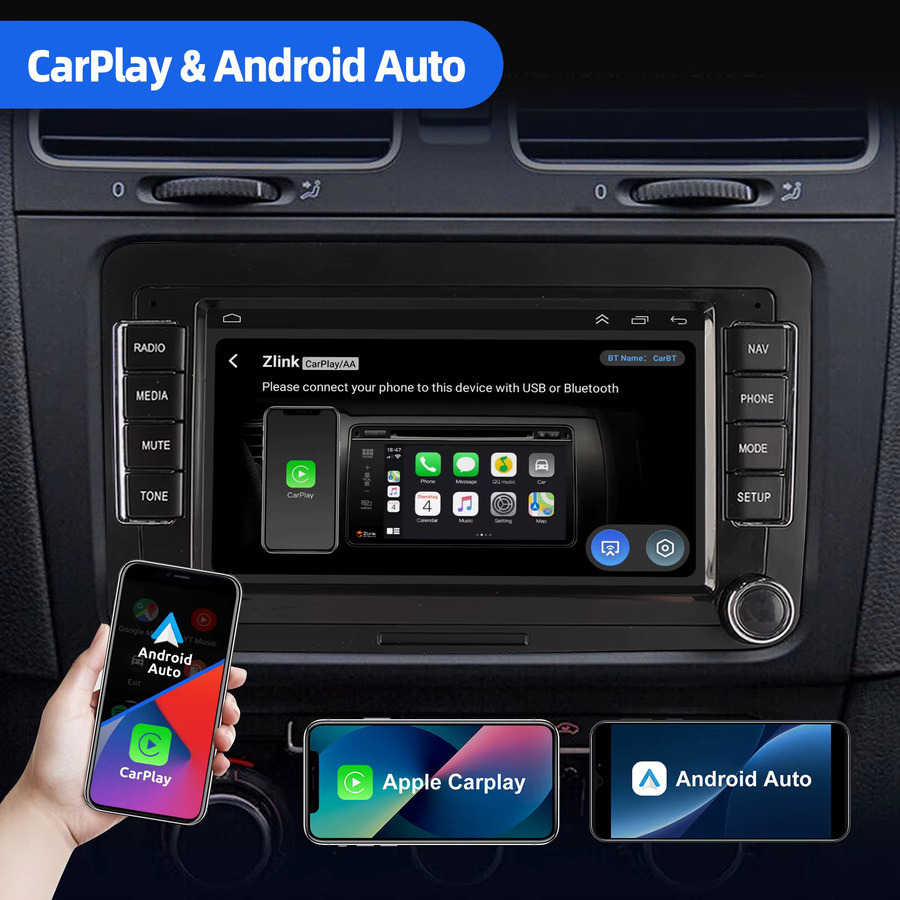 ESSGOO Android 14 Autoradio mit 7 Zoll Touchscreen, 4+64GB, Wireless CarPlay, GPS Navigation, WIFI, Bluetooth und Mirror Link in Schwarz für VW, Seat und Skoda - Bild 2