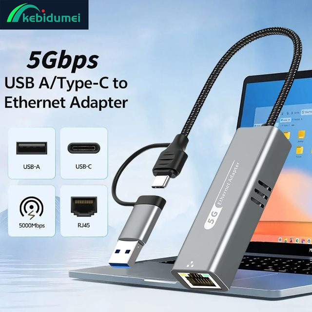 Kebidumei USB-C Ethernet-Adapter mit 5 Gbit/s LAN-Netzwerkkarte für PC und Laptop - Bild 1