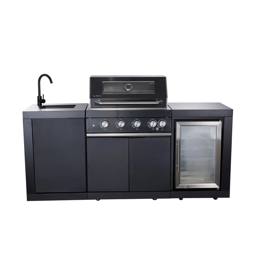 Buschbeck Outdoorküche Liverpool Schwarz mit Heckbrenner, Spüle, Armatur und beleuchtetem Kühlschrank aus Edelstahl und Marmor - Bild 2