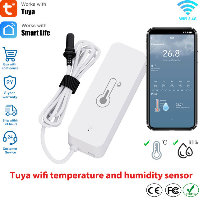 SaltComm Tuya WiFi Temperatur- und Feuchtigkeitssensor mit externer Sonde in Weiß für Smart Home App Überwachung von Pflanzen, Aquarium und Weingut - Bild 1