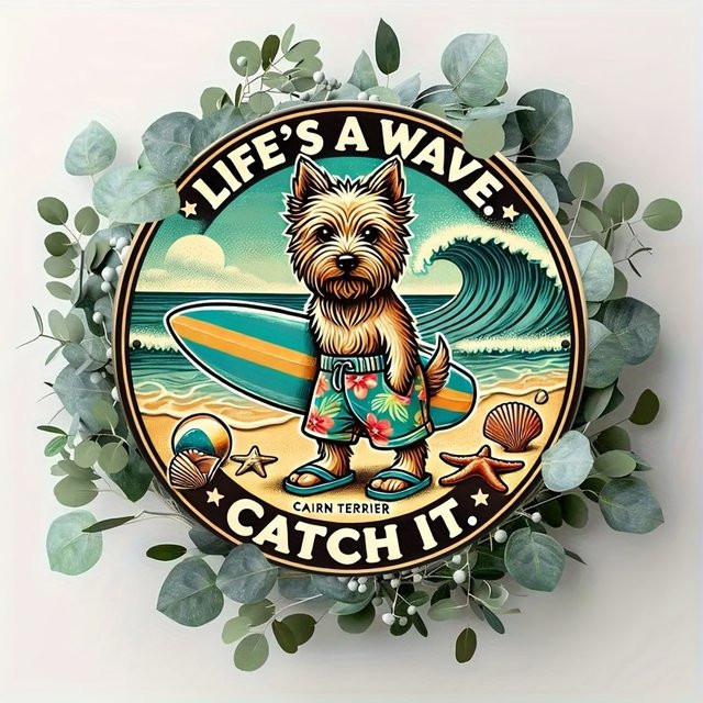 Potdemiel Wandkunstschild aus Metall im Retro-Stil mit Cairn Terrier Surfing Life's a Wave Catch It, B/H: 20,3 x 20,3 cm, Mehrfarbig - Bild 1