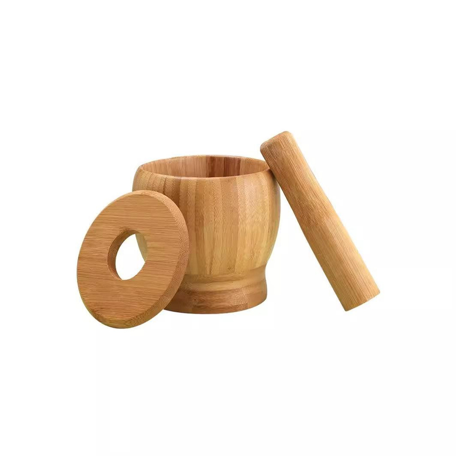 LChome Bambus Knoblauchpresse und Gewürzmühle mit Mörser und Stößel, Braun, Durchmesser: 10 cm - Bild 2