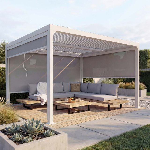 Alu Pergola Lamellen-Pavillon MCW-L41 mit 3 Seitenwänden in Weiß, B x T: 3,7 x 3 m - Bild 1