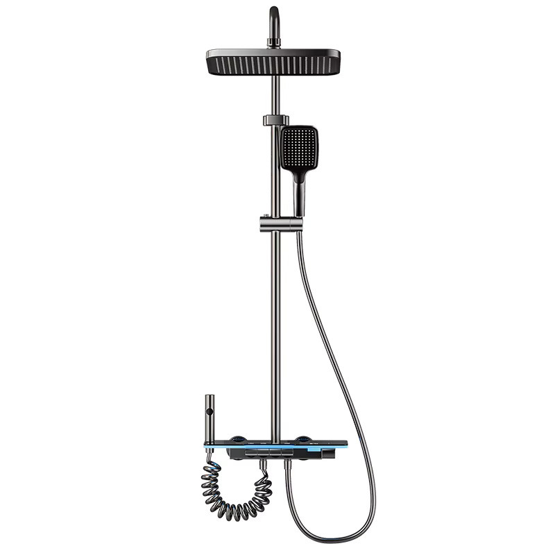 Badezimmer-Duschset mit LED-Temperaturanzeige und Klaviertasten in Schwarz-Grau inklusive Regenduschsystem und Wasserhahn - Bild 4