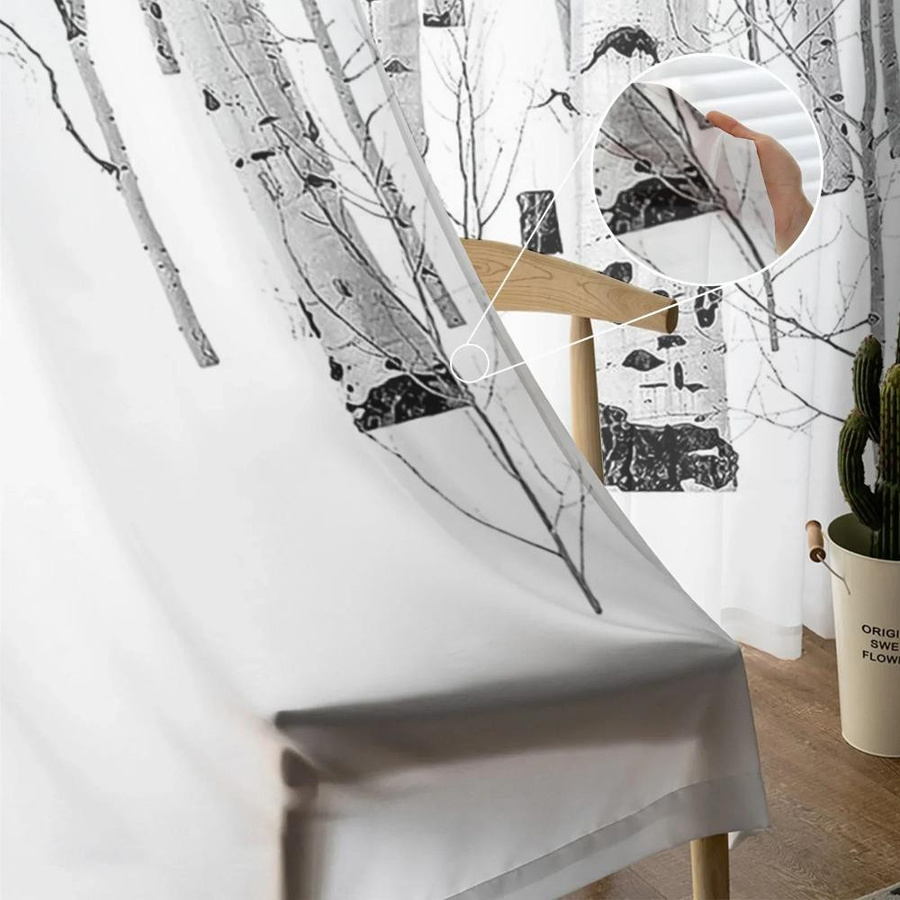 Yiran Furniture Transparentes Tüll-Fenstervorhang mit Espenbäumen im Schnee in Weiß, B: 135 cm, H: 115 cm - Bild 2