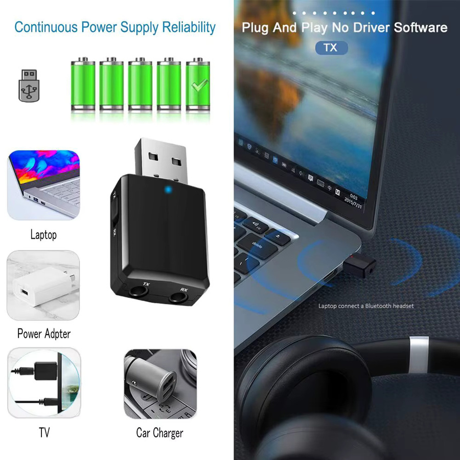 Mrgabwte 3-in-1 Bluetooth 5.0 Audio-Adapter Schwarz mit 3,5 mm Klinkenanschluss als Sender und Empfänger für Auto, TV, PC und Kopfhörer - Bild 3