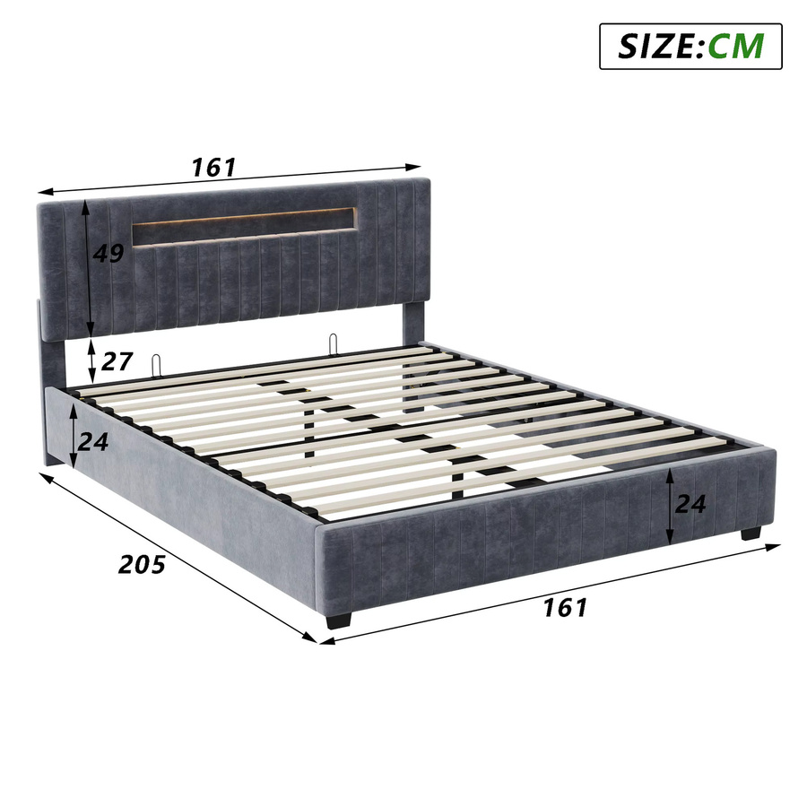 Modernes HYNHXBP Jugendbett mit Polsterrahmen aus Samtstoff in Grau, inklusive Kopfteil mit LED-Beleuchtung, integrierten Staufächern und hydraulischem Bettkasten, Maße: B: 140 cm, T: 200 cm - Bild 2