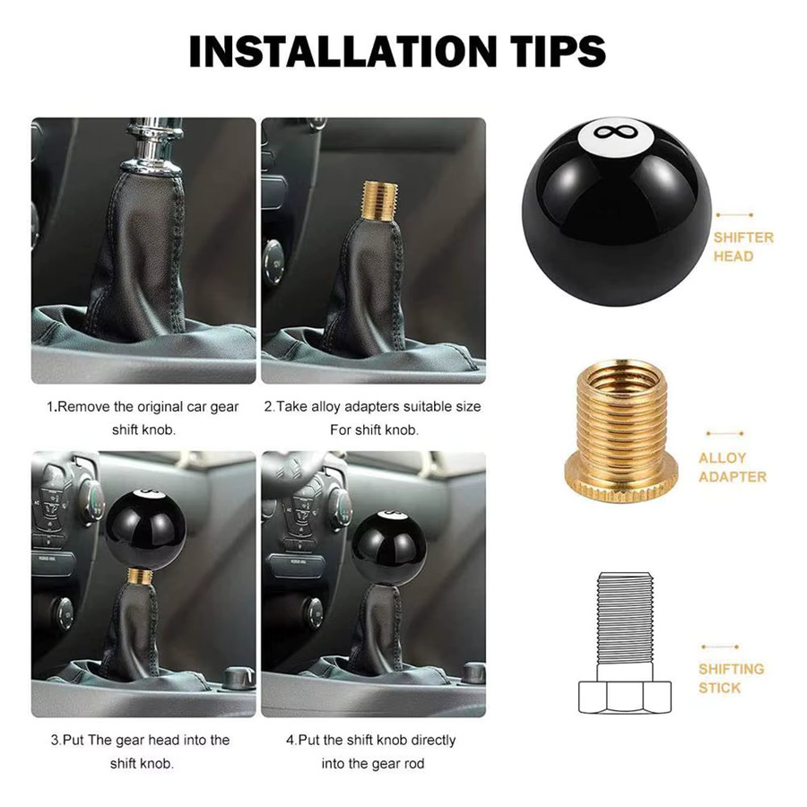 Universeller runder 8-Ball Schaltknauf aus Acryl in Schwarz für manuelle Fahrzeuge inklusive 3 Adaptern - Bild 3