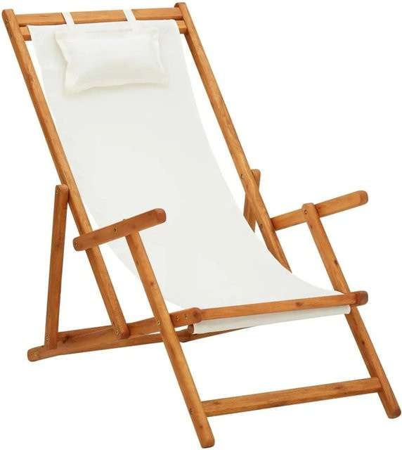 vidaXL Klappbarer Strandstuhl aus Eukalyptus Massivholz und Stoff in Creme mit Armlehnen B/T/H: 60 x 76 x 127 cm - Bild 1